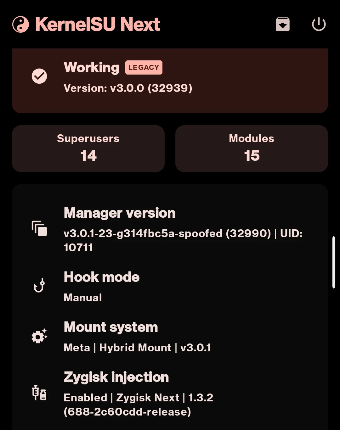 KernelSU Next Manager, Working, v3.0.0, Manual Hook, Hybrid Mount, Zygisk Next enabled